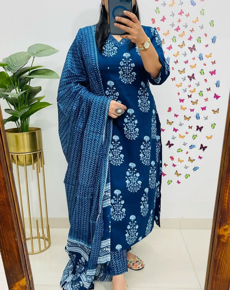 Blue Mughal Printed cotton kurta set