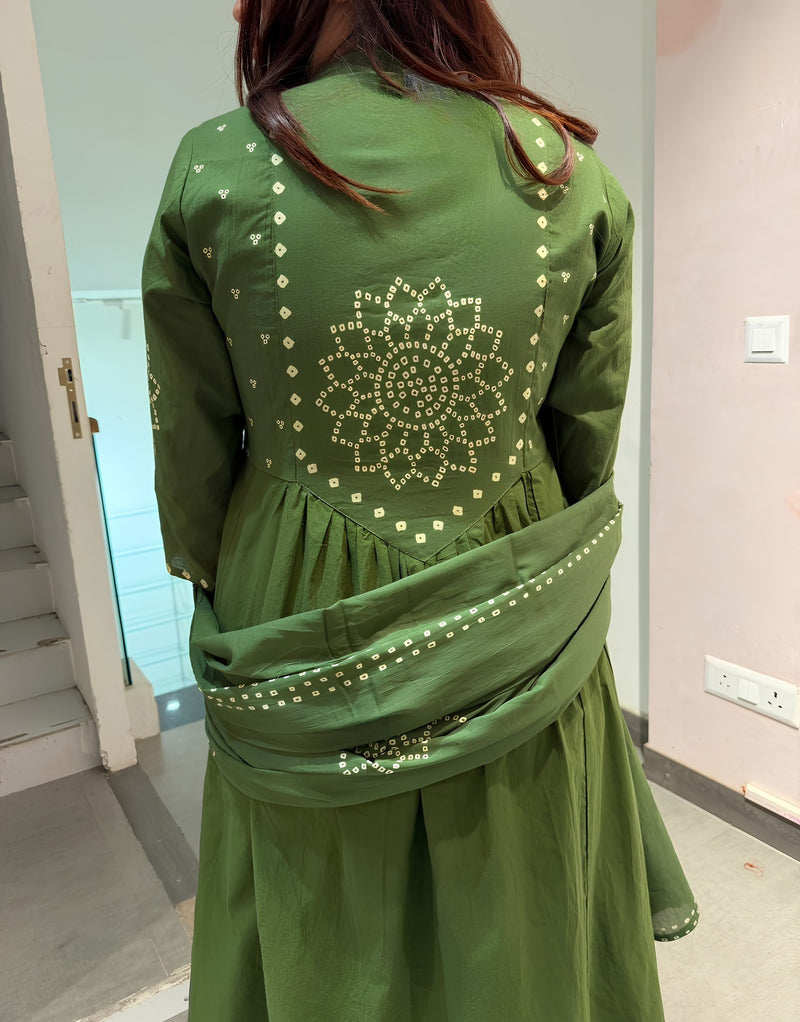 Designer Olive Green Bandhani Aline Kurti Set