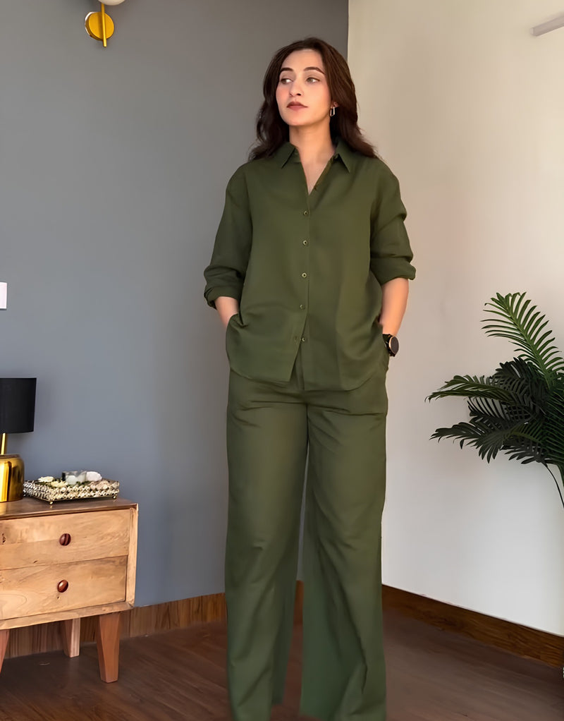 Veloura Ease Olive Green Linen Co-Ord Set